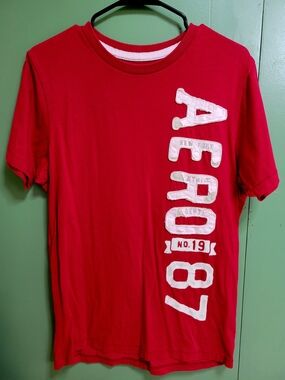 Aeropostale Red Short Sleeve Tee with White Vertical Logo